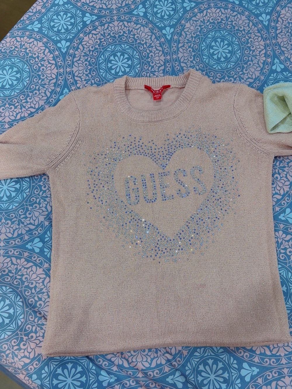 GUESS Pale Pink Rhinestone Heart Knit Sweater